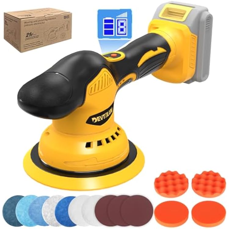 Cordless Car Buffer Polisher Kit for Dewalt 20V BatteryNO Battery,6 In Brushless Dual Action Random Polishing Machine , 8 Variable Speed 5500RPM, Orbital Polisher for Car Detailing,14Pcs Accessories