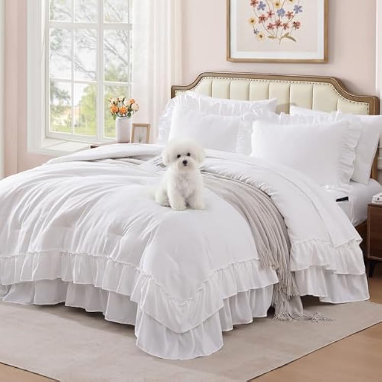 Full Comforter Set White, Ruffle Shabby Chic Bedding Set Farmhouse 7 Pieces, All Season Fluffy Bed in a Bag with Sheets, Pillowcases & Shams