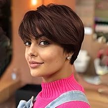 QUEENTAS Short Brown Wigs for White Women Pixie Cut Wig with Bangs Synthetic Short Layered Hair Wigs for Daily and Cosplay (Redish Brown)