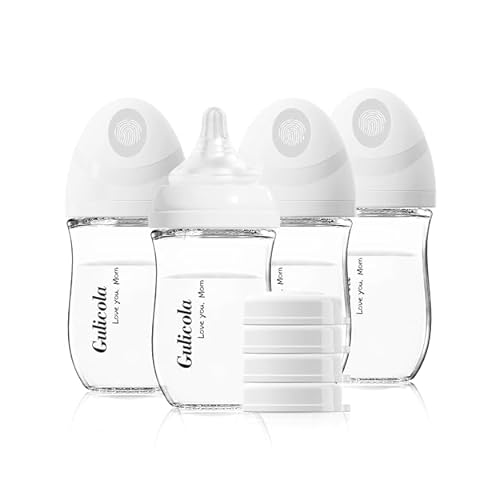 Gulicola Natural Glass Baby Bottle 4 Pack, Newborn Breastfeeding Bottles Set, Extra Slow Flow Nipples SS, Anti Colic, 0 Months, 5 oz - White