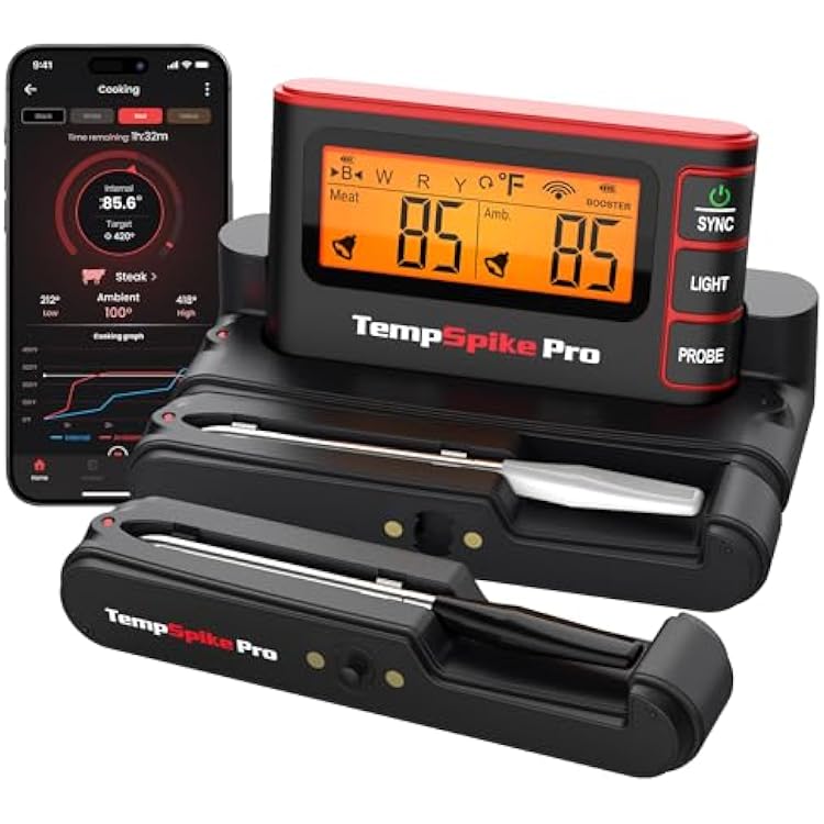 TempSpike Wireless Meat Thermometer Digital with App, WiFi & Bluetooth BBQ Grill Thermometer with High Precision, Waterproof & Heat-Resistant Probes, Rechargeable Base with Display for BBQ Smoker Oven