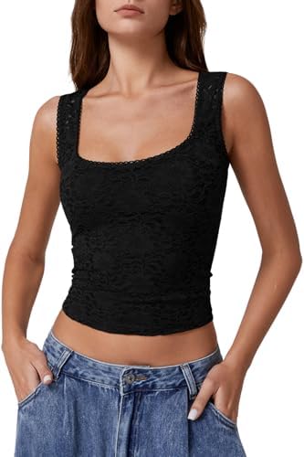 QINSEN Womens Lace Trim Square Neck Sleeveless Double-Layer Tank Top