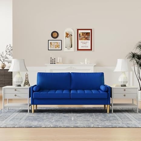 67.7''Velvet Loveseat Sofa, Mid-Century Modern Couches for Small Spaces Living Room, Futon Love Seat Sofas, Upholstered Tufted Settee Couch with Wooden Legs for Bedroom (Blue)