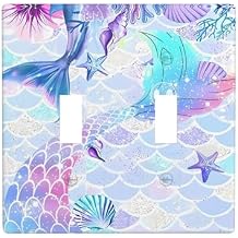 Mermaid Girl Light Switch Cover Plates Decorative 2 Gang Double Toggle Wall Plate Electrical Switchpalte Faceplate for Kid Bedroom Home Bathroom Decor 4.5" x 4.5"
