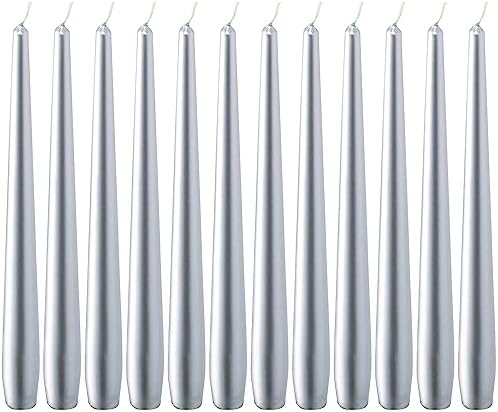 BOLSIUS Metallic Silver Taper Candles - 12 Pack Individually Wrapped 10 Inch Dinner Candle Set - 8 Burn Hours - Premium European Quality - Unscented Smokeless & Dripless Household Party Candlesticks