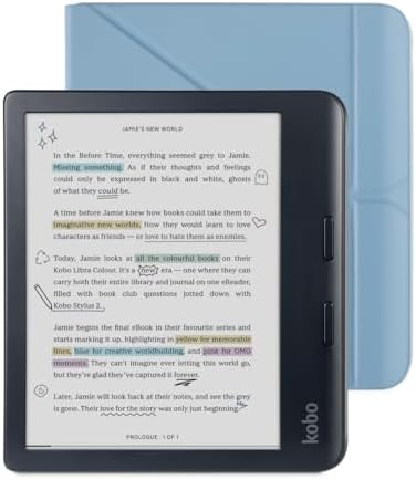 Kobo Libra Colour Black eReader & Dusk Blue Notebook SleepCover Bundle | 7 Glare-Free Colour E Ink Kaleido 3 Display | Dark Mode Option | Waterproof | Built-in-2-Way Stand Cover