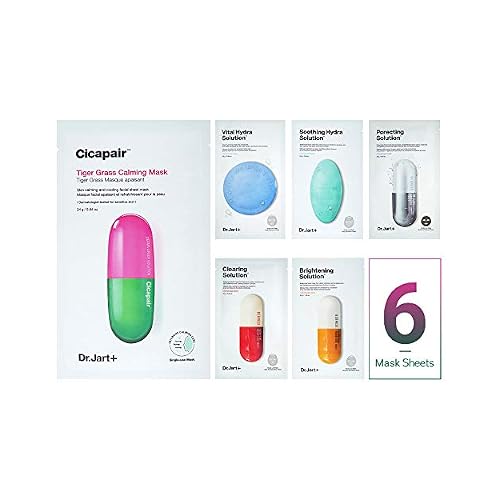 Dr.Jart Face Mask Set 6 pcs with Cicapair in Korean Premium Skin Care Gift Packaging for Soothing, Anti-Wrinkle, Anti Aging, Rebuilding Skin Barrier for Women Cica Care - Recovery