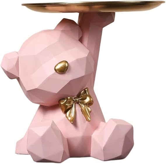 Bear Figurine with Tray Resin Sculpture Decorative Storage Tray Animal Sculpture Decorative Desktop Ornament 15 * 18cm,D