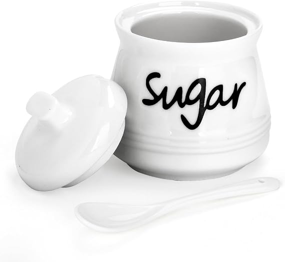 Sugar Bowl Porcelain with Lid and Spoon, 355 ML/12 OZ, Ceramic Sugar Storage Jar, Sugar Salt Pot Seasoning Canister Suit for Coffee Bar, Restaurant, Home, Kitchen