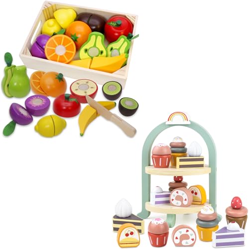 Wooden Play Food Fruits Toy and Wooden Cake Toys Tea Party Set, Cupcake Playset