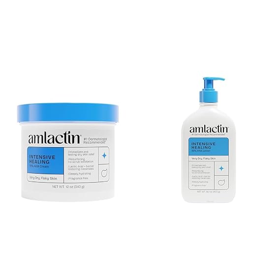 AmLactin Intensive Healing Body Cream 12 oz Tub & Intensive Healing Body Lotion for Dry Skin 14.1 oz Pump Bottle