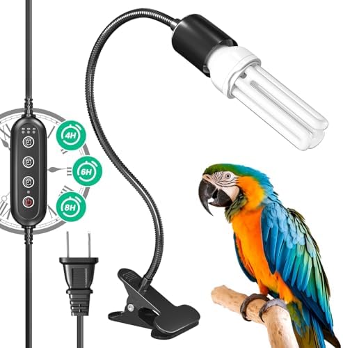 GlowUp Bird Light for Cage with Timer, Clip Lamp with UVB 2.4 Fluorescent Light Bulb E26, Bird Cage UVB Light Combo Kit 360Rotatable for Captive Birds, Reptiles