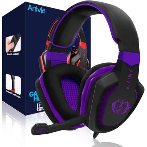 Anivia Gaming Headset Noise Isolating Over Ear Headphones Wired with Mic, Volume Control, Bass Surround, Soft Memory Earmuffs for Gamers, Black Purple
