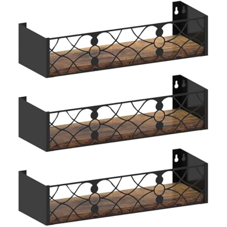 Black Floating Shelves with Removable Insert Plate Set of 3, Wooden Display Shelves, Rustic Decorative Wall Shelves for Living Room, Bedroom, Kitchen
