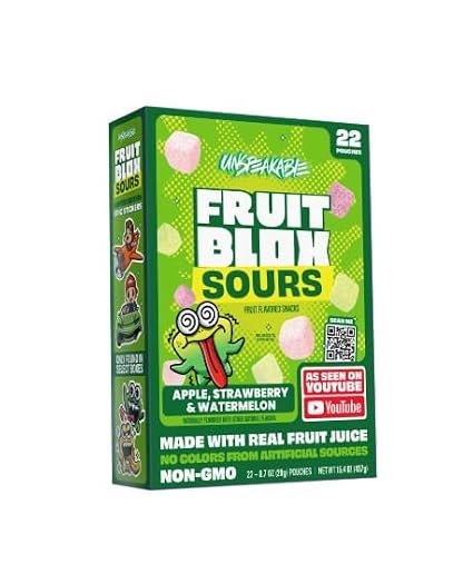 Fruit~Blox Sour Fruit Snacks, Apple Strawberry & Watermelon ~ 22 Pouches in a Cardboard Box ~ (Pack of 1)