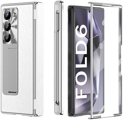 Galaxy Z Fold 6 Case, 4-in-1 Leather Magnetic Hinge Protection Case with Kickstand, Lens Protection, S Pen Holder, and Screen Protector - for Samsung Galaxy Z Fold 6 5G White