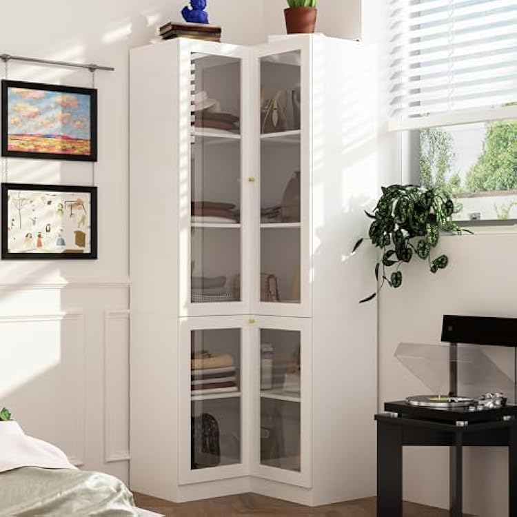 Corner Bookshelf with Glass Doors, L-Shaped Bookcase with 5-Tier Shelf, 78.7 Tall Kitchen Corner Storage Cabinet, Clear Glass Display Cabinet for Living Room Home Office, White