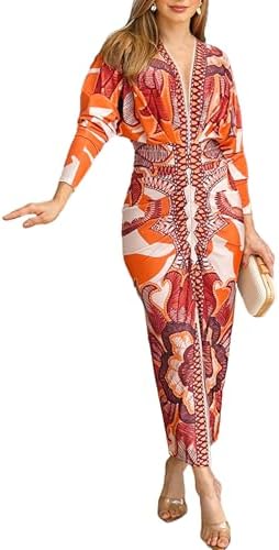 CHICME Women's Bodycon Long Sleeve Dress Casual Plunge V Neck Ruched Midi Dress Fall Bodycon Slit Office Work Dresses