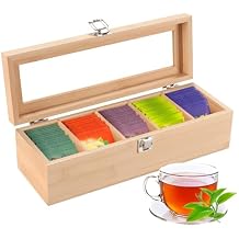 Wood Tea Box with Clear Lid, 4 Compartments Eco-Friendly Tea Bag Holder Tea Bag Organizer Multi-Functional Storage Box for Countertop Kitchen Cabinet Pantry Keeps Tea Bags Fresh