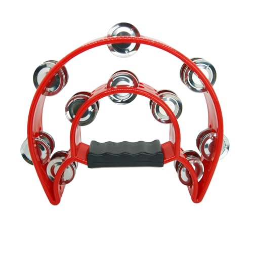 Half Moon Musical Tambourine Double Row Metal Jingles Hand Held Percussion Tambourines Musical Instrumen with Ergonomic Handle Grip for Adults Church KTV Party Red