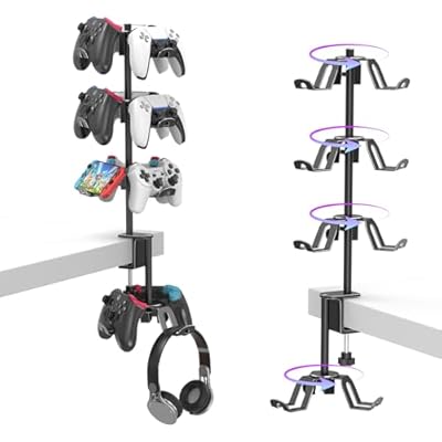 Rotatable 4 Tier Desk Clamp Controller Headset Stand, Universal Under Desk Controller Holder Rack for PS5 Xbox Nintendo Switch PC PS4, Aluminum Gaming Headphone Hanger, Black