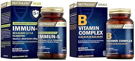 Nutraxin Plus Immun-S 1,3-1,6 Beta-Glukan 60 Tablet Takviye Edici Gıda ve Nutraxin B Complex Vitamin 60 Kapsül Takviye Edici Gıda