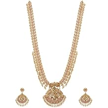 TARINIKA Antique Gold Plated Indian Long Necklace Set for Women with Jhumka, Dangle, Drop Earring Brass Traditional Wedding Desi Jewelry CZ Gemstone Bridal Necklace