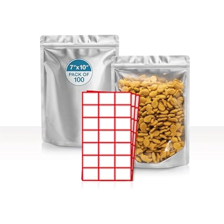 BELLE KR 7x10 Quart Mylar Bags for Food Storage - Pack Of 100-7.5mil Thick - Gusseted Bottom - Clear Mylar Bags with See Through Window for Freeze Drying food - Labels Included