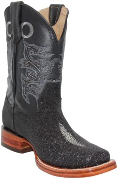 Mens Leather Stingray Print Square Toe Black Cowboy Western Boot