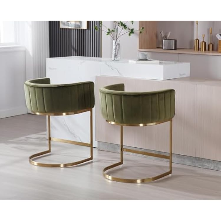 Kmax Counter Height Bar Stools Set of 2, Modern Velvet Upholstered Barrel Arm Barstools with Gold Frame for Kitchen Island Dining Room, Olive Green