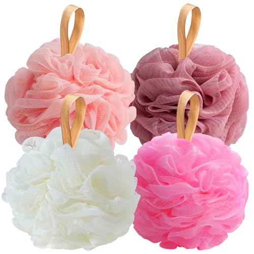 Fishent Loofah Bath Sponge Shower Loofahs, Pack of 4 Pink Soft Loofa Exfoliating Body Scrubber Mesh Shower Puff Pouf Ball Luffa for Women50gpcs