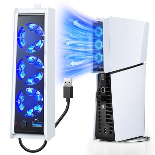 FASTSNAIL Cooling Fan for PS5 Slim DigitalDisc, Auto Speed Adjustable by Temperature Sensor, 2 Fan Speed Manual & USB 3.0 Hub & LED Light, Cooler System Accessories for PS5 Slim Console