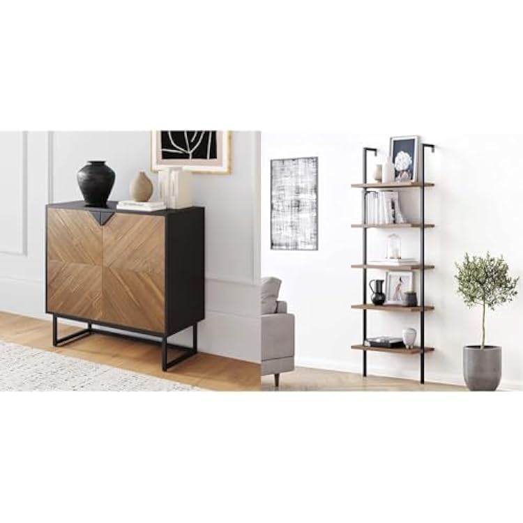 Nathan James Enloe Storage, Buffet, Sideboard, Free Standing Accent Cabinet for Hallway, Entryway & Theo 5-Shelf Oak Wood Modern Bookcase, Open Wall Mount Ladder Bookshelf
