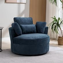 Lumibee Swivel Barrel Accent Chair, Modern Chaise Lounge with Pillows, Upholstered Comfy Round Armchair for Living Room,Bedroom-CC Navy