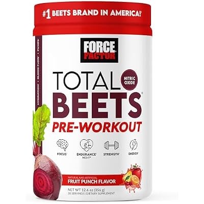 Force Factor Total Beets Pre-Workout Powder to Boost Energy & Endurance, Increase Strength, and Improve Blood Flow and Pumps, Nitric Oxide Supplement with Beet Root Powder, Fruit Punch, 30 Servings