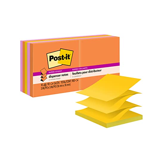 Post-it Super Sticky Dispenser Pop-up Notes, 10 Sticky Note Pads, 3 x 3 in., 2X The Sticking Power, New Year Organization or Second Semester School Supplies, Energy Boost Collection