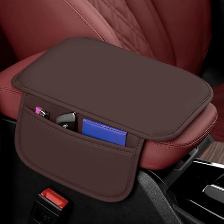 Car Center Console Cover for Skoda Rapid Yeti Kombi Karop Kodia, Leather Memory Foam Arm Rest Cushion Armrest Seat Box Pad Waterproof Universal Accessories with 2 Storage Bags,Brown