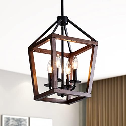 Farmhouse orb Metal Chandelier,4-Light Vintage Handmade Rustic Wood Pendant Hanging Light Fixture for Kitchen Island Dining Room Living Room Bedroom Foyer Hallway