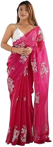 Women's Shimmer Organza Sequence Embroidery Saree With Unstitched Blouse Piece