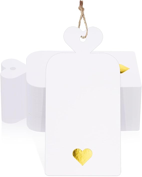 jijAcraft 100Pcs Blank Gift Tags with String, Gift Tags with Foil Gold Heart, 4x2Inch Large Hanging Tag, White Paper Labels for Party Favors, Cupcakes, DIY Crafts