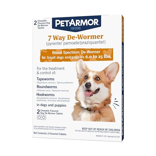 PetArmor 7 Way De-Wormer for Dogs, Oral Treatment of Tapeworm, Roundworm & Hookworm, Dewormer for Puppies & Small Dogs 6-25 lbs, Worm Remover Praziquantel & Pyrantel Pamoate, 2 Flavored Chewables