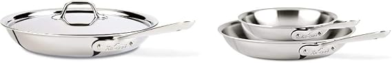 All-Clad D3 3-Ply Stainless Steel Fry Pan with Lid 12 Inch Induction Oven Broil Safe 600F Pots and Pans, Cookware & D3 Stainless Steel Frying Pan 8 and 10 Inch Cookware Set, 2, Silver