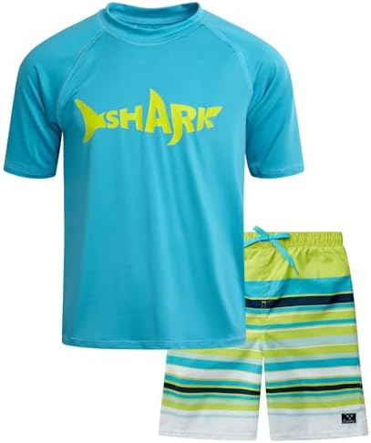 Big Chill Boys Swim Set - 2 Piece Quick Dry UPF50 Protection Kids Rash Guard Short Sleeve Swim Shirt and Swimming Trunks