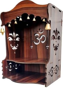 Wooden Pooja Temple/OM  with Bells Puja Home Temple with Double Shelf for Storage and God Idols DecorationHome Mandir for Pooja for Home/Wall Hanging Hole for Temple (Brown)(37cm)(15iches)