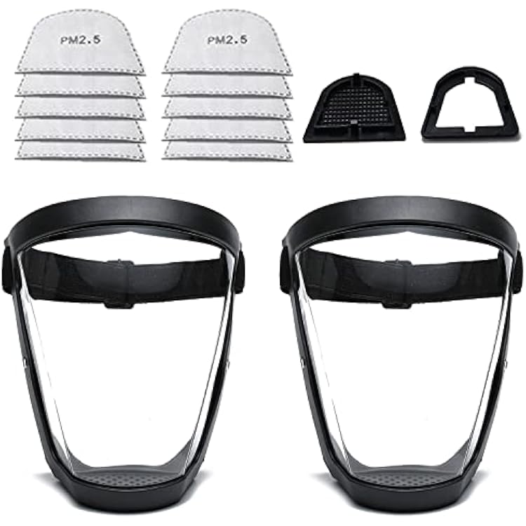 Full Face Shield 2 Pack, Reusable Protective Anti-Fog Transparent High-Definition Platic Face Shield with Adjustable BandRemovable Filter TankFilter Cotton for Unisex and Adulteld