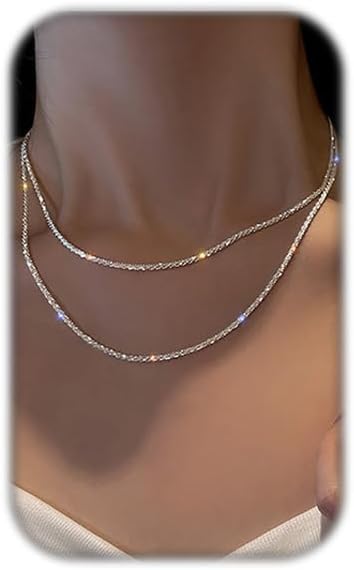 Stackable Layered Necklaces for Women Sparkly Silver Choker Necklace Double Layer Snake Chain Necklace Trendy Jewelry