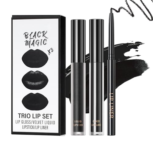 3pcs-Black Lipstick and Lip Liner Set Lip Kit,3 in 1 Velvet Lipstick Halloween Matte Liquid Lipstick Lip Gloss with Lip Pencil,Hydrating Lip Stain Lip MakeupBlack