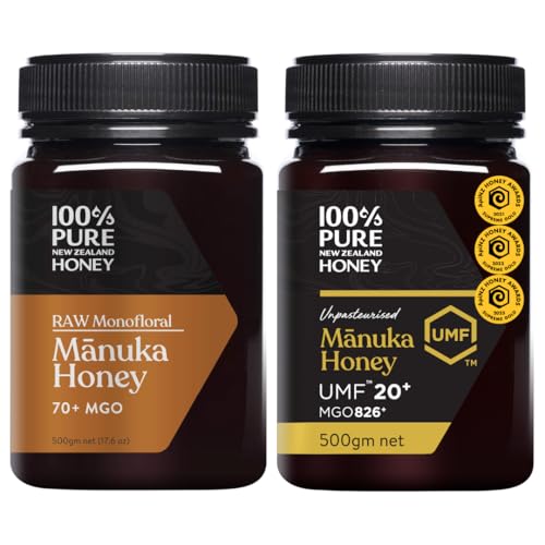 100% Pure New Zealand Manuka Honey MGO 70 and UMF 20 Bundle 2 x 17.6 Oz