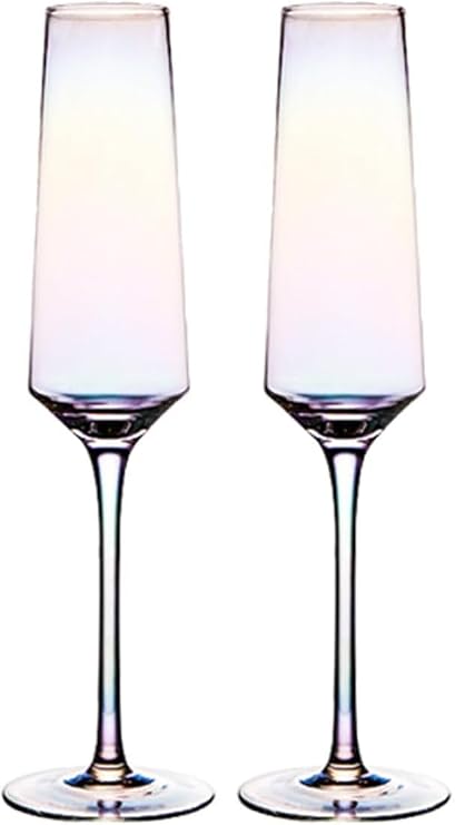 Set of 2 Hand Blown Lead-Free Crystal Champagne Flutes, Bride and Groom Toasting Glasses for Weddings and Anniversaries (Rainbow) (Straight,2 count)