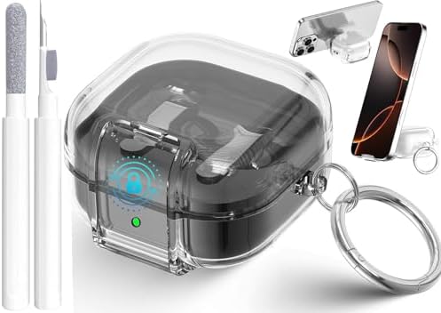 OTOPO Compatible with Samsung Galaxy Bud 4 Pro CaseBuds4 Case Clear Lock Clip with Phone Stand  Cleaner Kit, Transparent TPU Galaxy Buds Pro 4 2026 Protective Cover Men Women with Carabiner, Clear